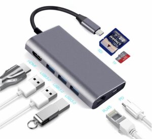 ELECHHUB ADAPTADOR MINI USB-C HDMI, RJ45, RED, TARJETA DE MEMORIA